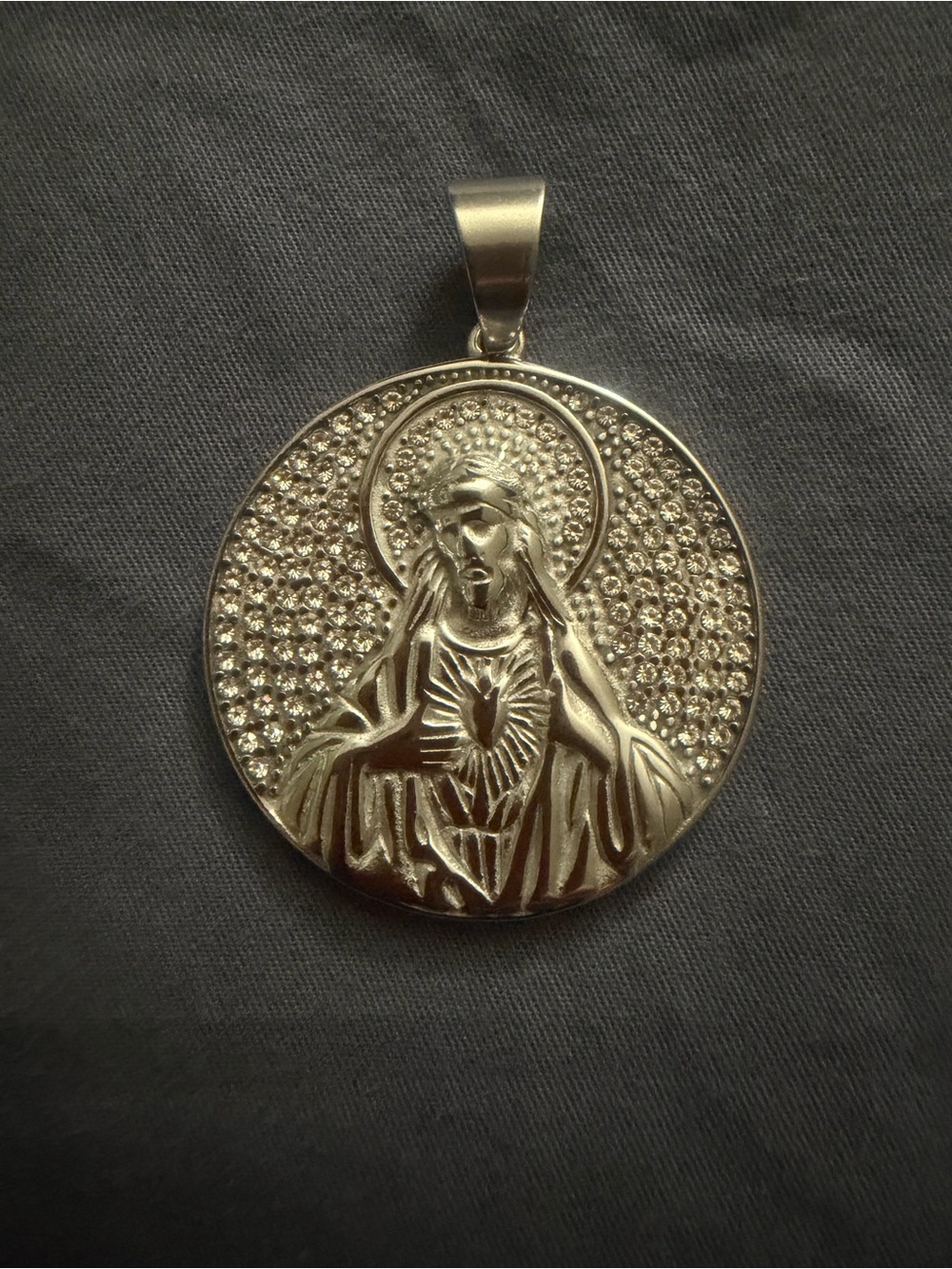 Silver Religious Madonna Pendant Necklace - Silver Tone